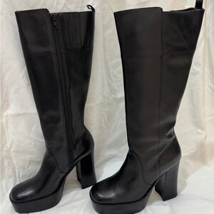 Black Leather Upper Double Platform Knee-High Boots